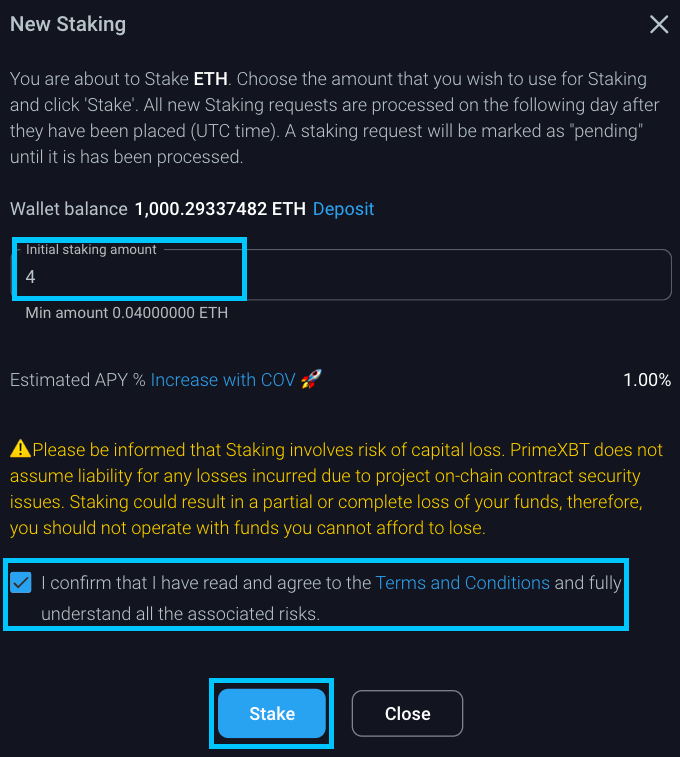 Choose the amount you want to stake 